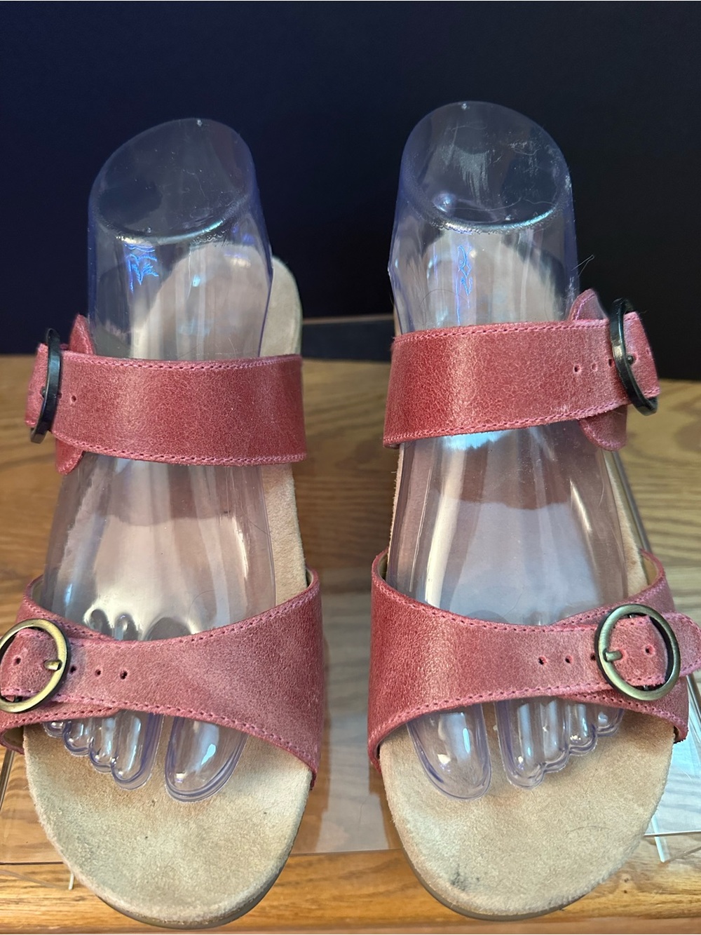 Dansko Pink Distressed Leather Wedge Buckle Sandals